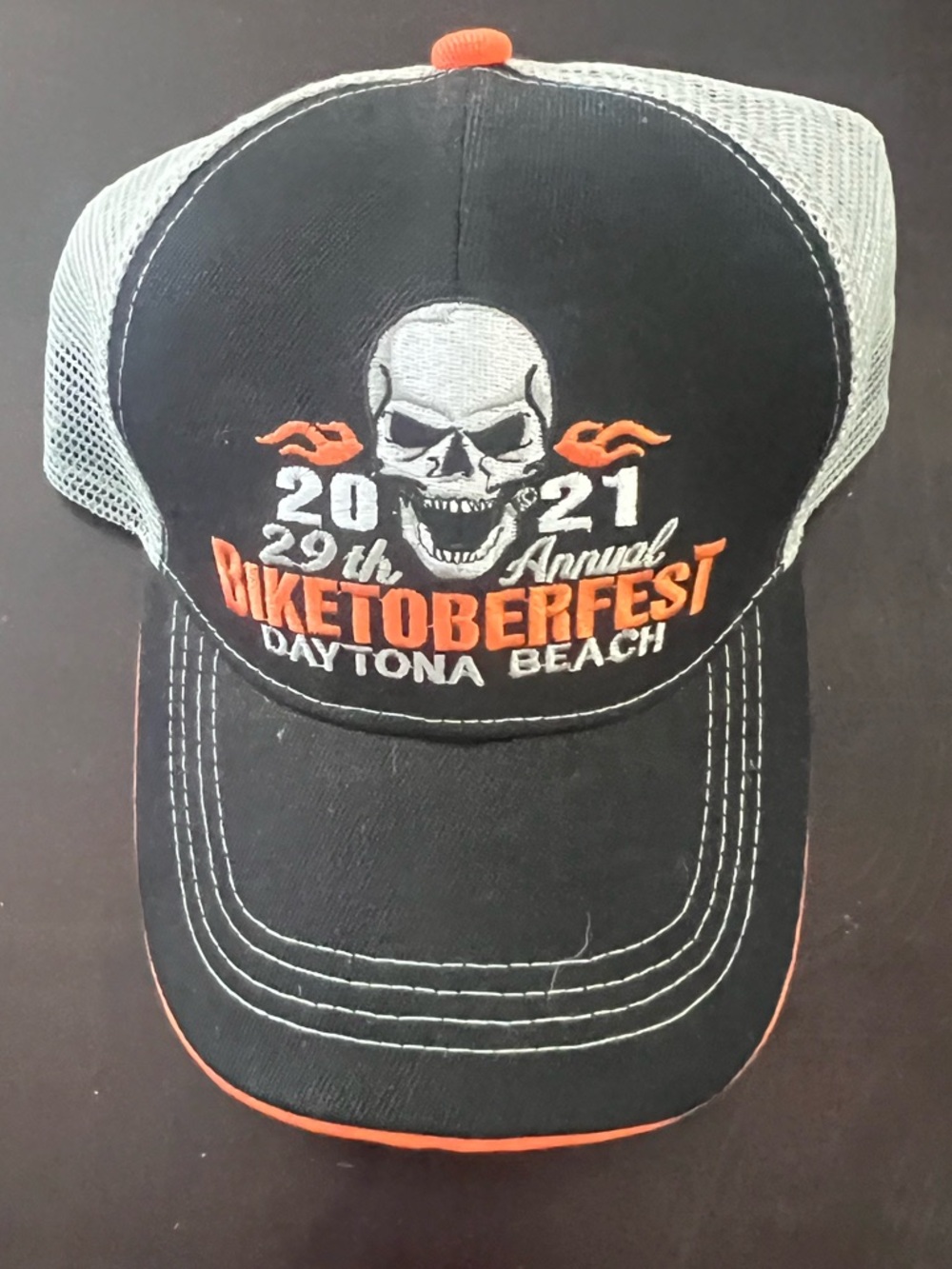 Biketoberfest Daytona Beach Black & Gray Mesh Trucker Hat with Orange Accents